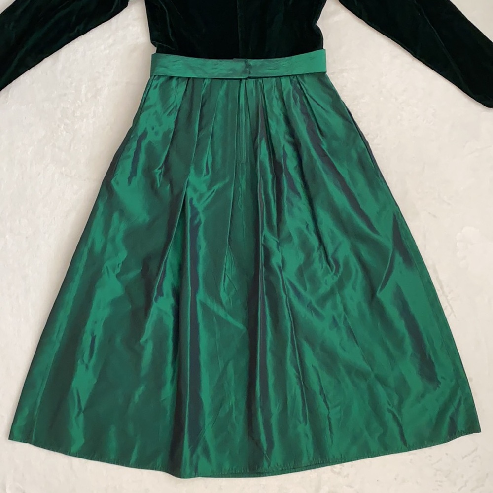 {VTG} Lanz Originals | Velvet Satin Bow Belt Long Sleeve Midi Dress Emerald (8) - Picture 15 of 16